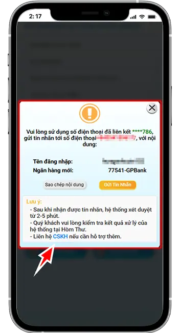 Bước 6: Gửi tin nhắn xác thực theo hướng dẫn và chờ xử lý. Kết quả xử lý của hệ thống sẽ gửi tại Hòm Thư.